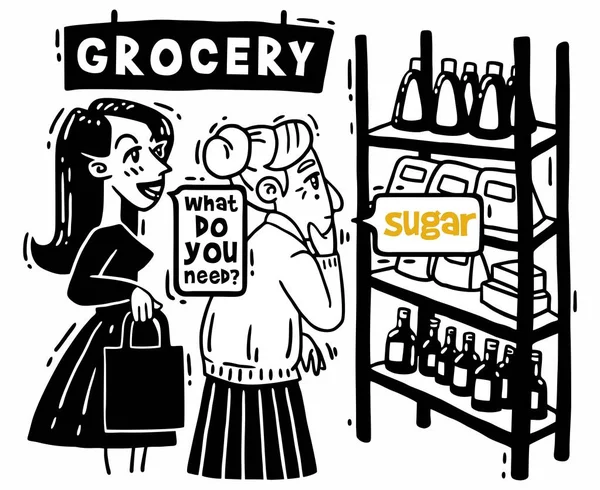 Képregény két nők keresnek a cukor áruház — Stock Vector