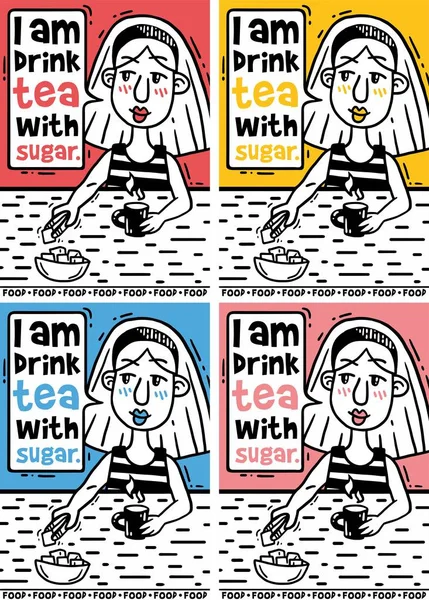 砂糖を入れた紅茶を飲むコミック ポスターのセット — ストックベクタ