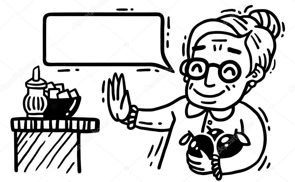 Comic old woman with apples refuses sugar and says