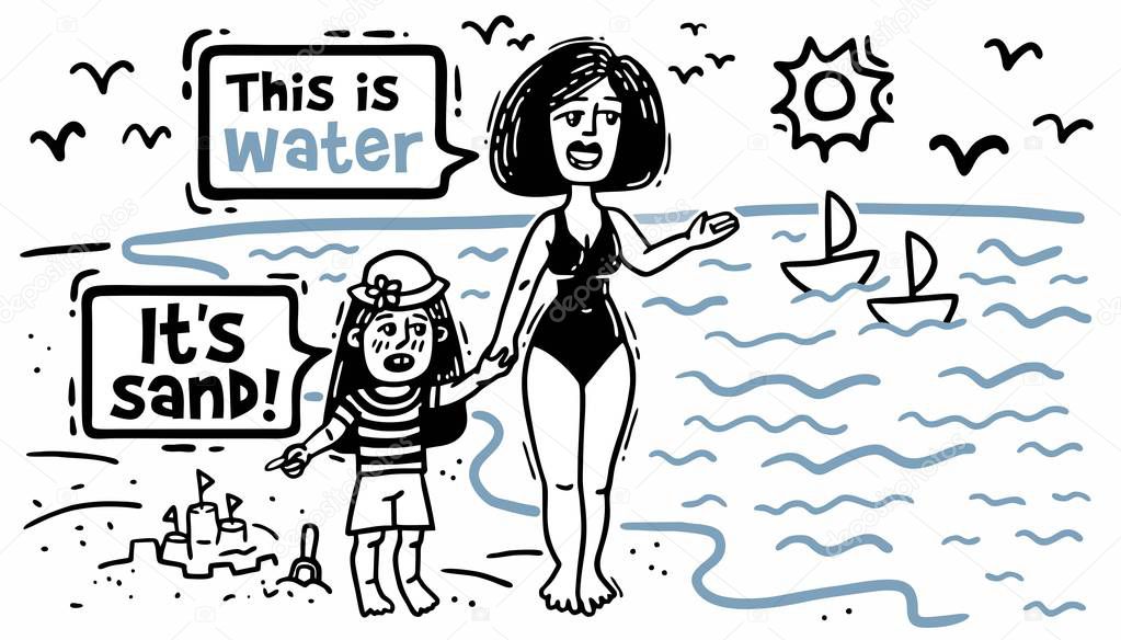 comics mom with child on the beach looking at water and sand