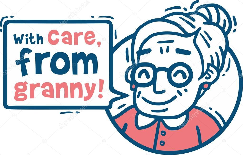 Picture Comics old woman in glasses says With care from granny Pink and blue