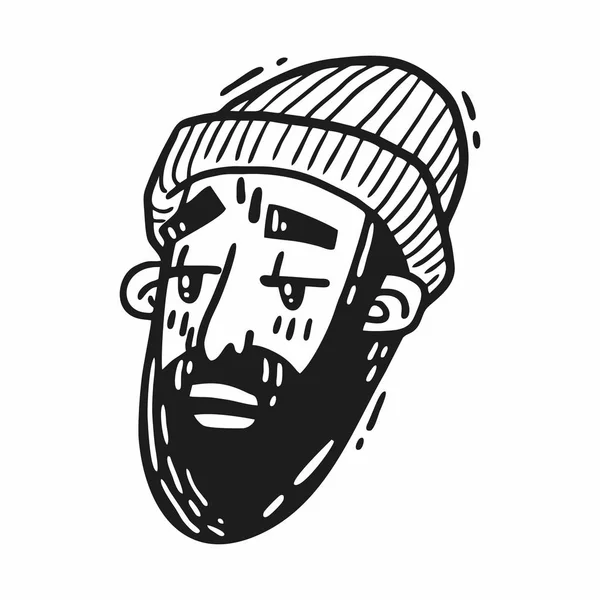 Tête d'un homme avec un chapeau et une barbe noir et blanc — Image vectorielle