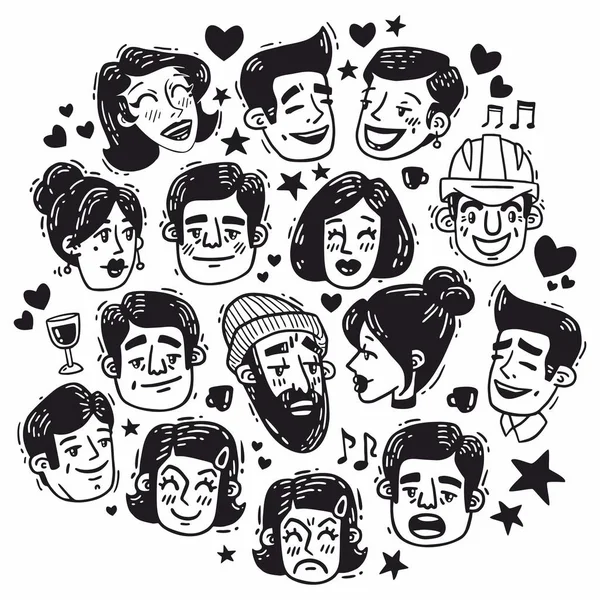 Heads of funny people black and white set — Stock Vector
