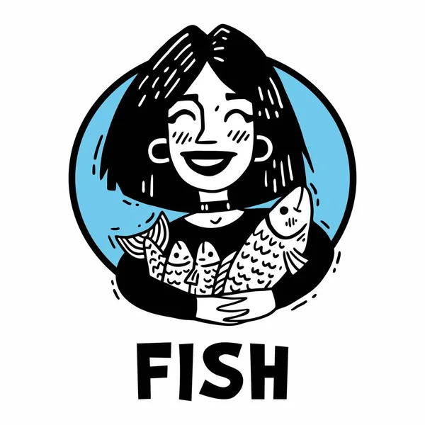 Portrait d'une belle fille heureuse embrassant un poisson — Image vectorielle