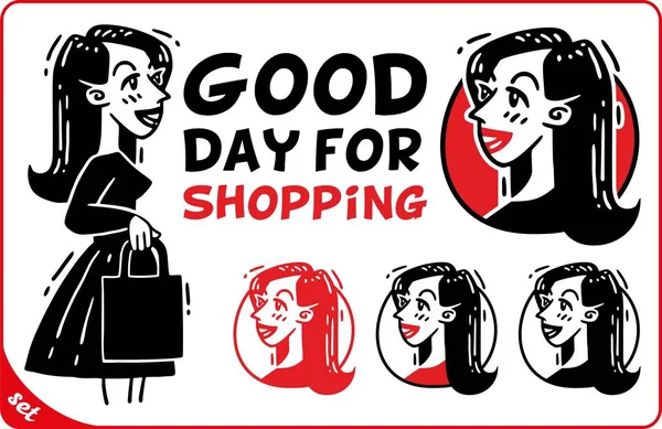 Impostare una buona giornata per lo shopping giovane donna in un abito con una borsa — Vettoriale Stock