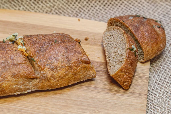 Whole Wheat Flour Home Baked Garlic Baguette Close — 스톡 사진