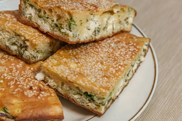 Homemade Pie Feta Cheese Herbs Close — Stock Photo, Image