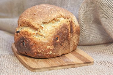 Kuru üzümlü, fındıklı ve şekerli meyveli ev ekmeği makinesinde pişirilmiş tatlı ekmek