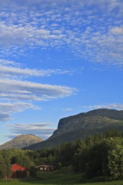 Norveç 'in en güzel manzarası, kırmızı çiftlik evi, Hemsedal, Buskerud, Norveç.