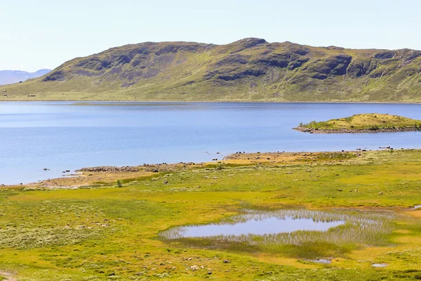 Jezioro Vavatn i góry w lecie w Hemsedal, Buskerud, Norwegia. — Zdjęcie stockowe