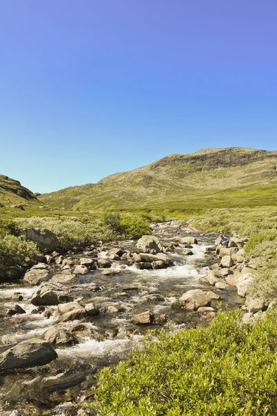 Gyönyörű Storebottåne folyó a vavatn tó, Hemsedal, Buskerud, Norvégia. — Stock Fotó