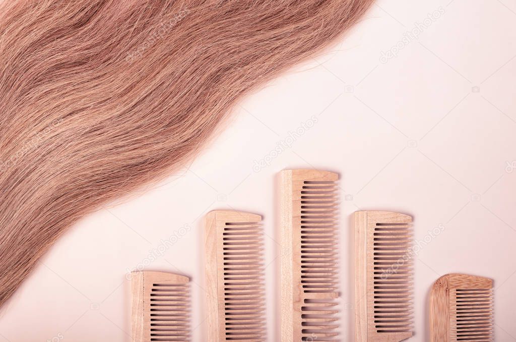 Natural wood combs and a natural lock of hair.