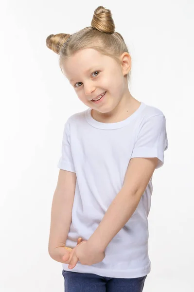 Little Blonde Girl Funny Hairdo Brown Eyes Shy Smiles Gestures — Stock Photo, Image