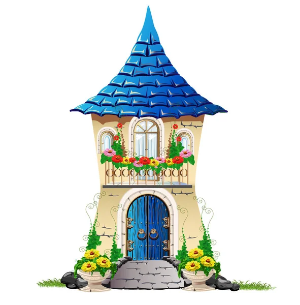 Fairytale huis met een balkon met bloemen — Stockvector