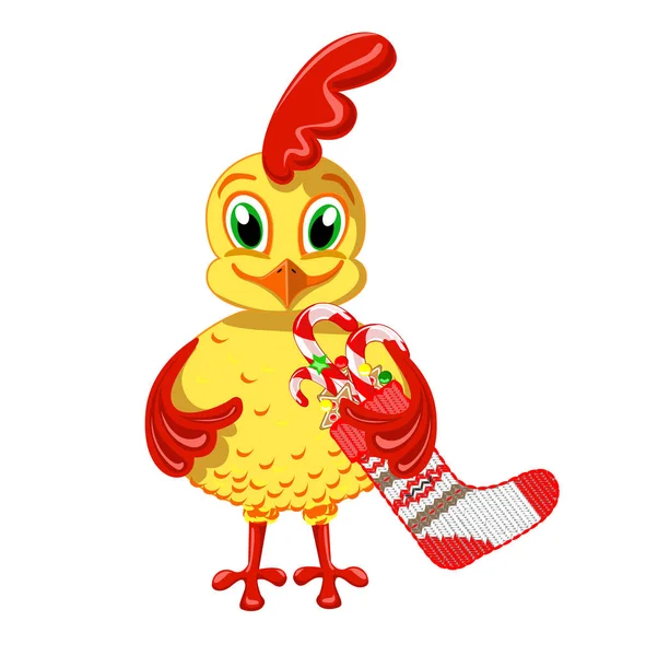 Cockerel alegre con dulces de Navidad — Vector de stock