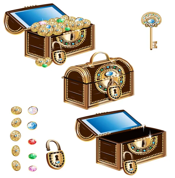 Truhla s pokladem zdobené šperky ornament set — Stockový vektor