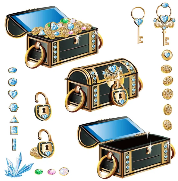 Treasure chest with blue decoration set — Stock Vector