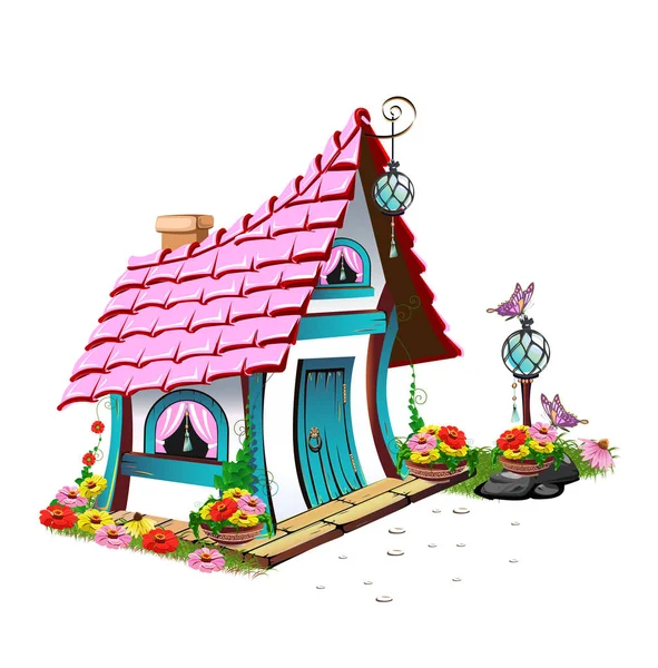 Casa de cuento de hadas con techo rosa — Vector de stock