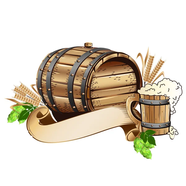 Barril de cerveza de madera bodegón — Vector de stock