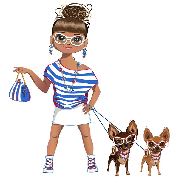 Chica de moda con un perrito — Vector de stock