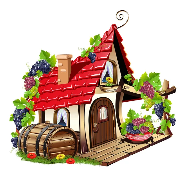 Piccola casa fatata con un barile e uva — Vettoriale Stock