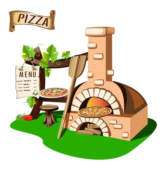 Alegre pizzería con estufa — Vector de stock