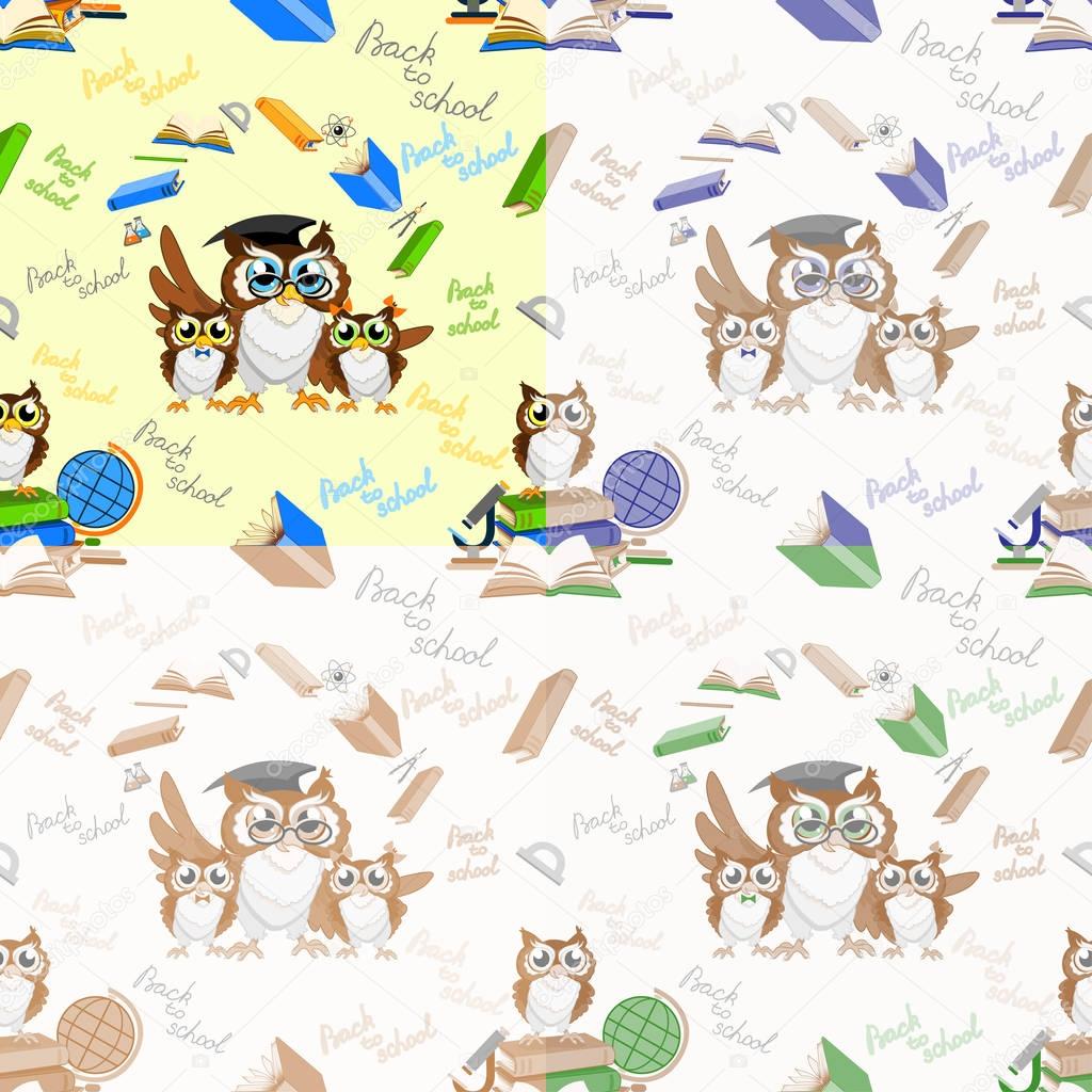 School seamless pattern with funny owls