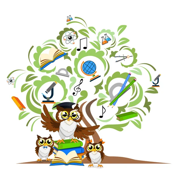 Estudia el árbol y los búhos alegres — Vector de stock