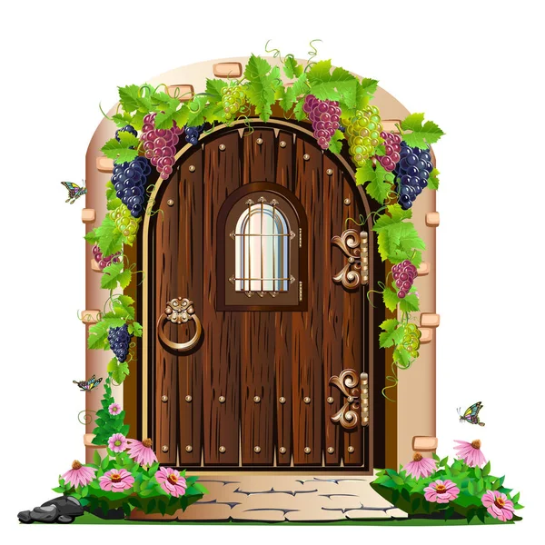 Vieille porte en bois dans le jardin — Image vectorielle