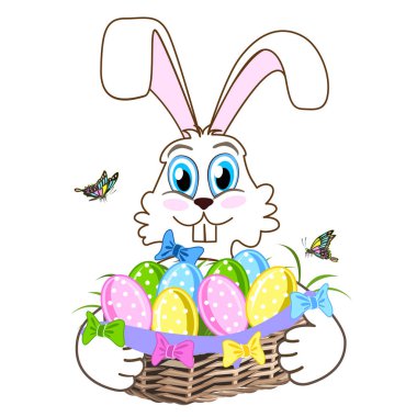 Renkli yumurta bir sepet ile şirin Paskalya tavşanı. Vektör çizim.