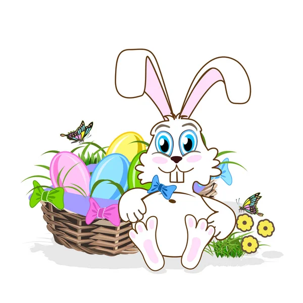 Cute Easter Bunny Basket Colorful Eggs Vector Illustration — Stock Vector