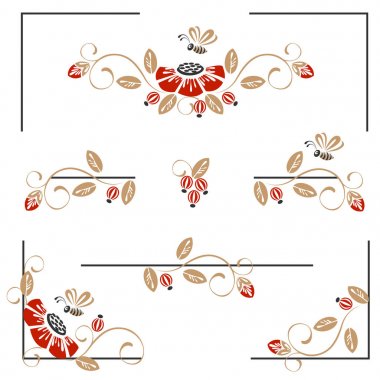 Pages decoration with poppies and bees. Vintage vector illustration. clipart