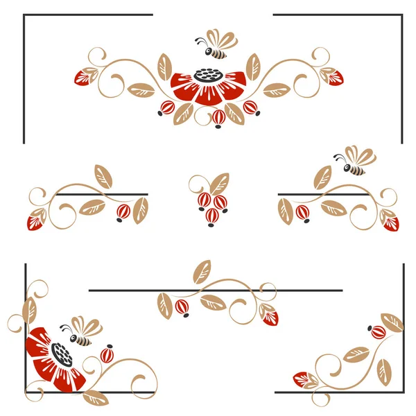 网页装饰与罂粟和蜜蜂 老式矢量插图 — 图库矢量图片