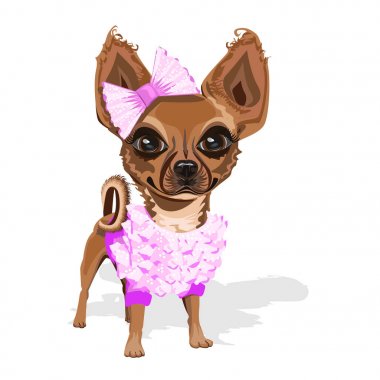 pembe elbise tatlı küçük köpek. Sevimli vektör çizim.