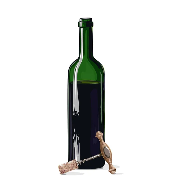 コルク抜きでワインのボトル 現実的なベクトル図 — ストックベクタ