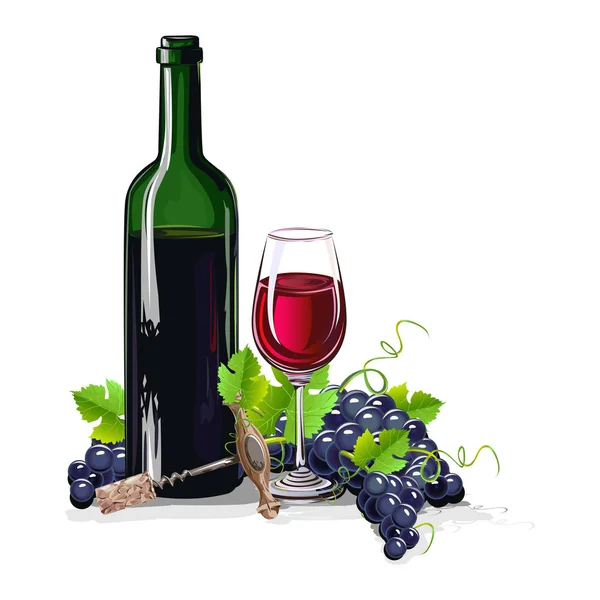 Бутылка Вина Гроздьями Винограда Реалистичная Векторная Иллюстрация — стоковый вектор