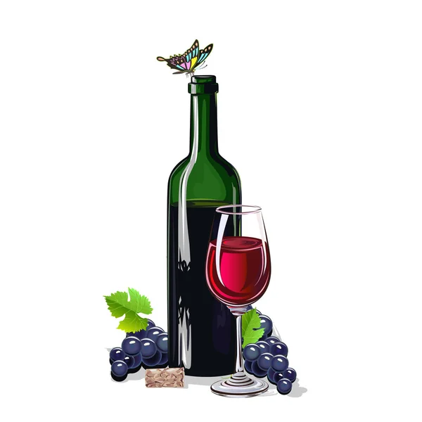 Бутылка Вина Гроздьями Винограда Реалистичная Векторная Иллюстрация — стоковый вектор