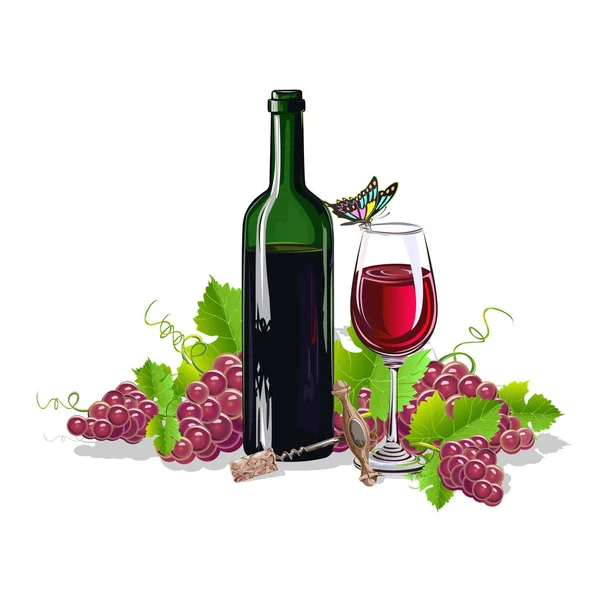Una Bottiglia Vino Con Grappoli Uva Illustrazione Vettoriale Realistica — Vettoriale Stock