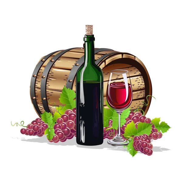 Wine Barrel Bottle Glass Realistic Still Life Vector Illustration — Stock Vector
