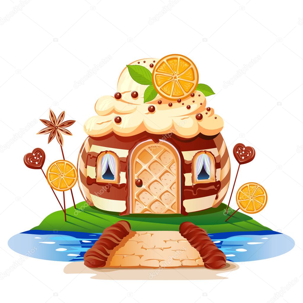 Sweet little house with chocolate and decorated with fruit. Cheerful vector illustration.