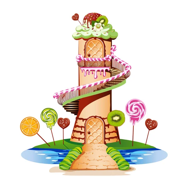 クリーム色の屋根と 個のキャンディの甘い城 おとぎ話のベクター画像 — ストックベクタ