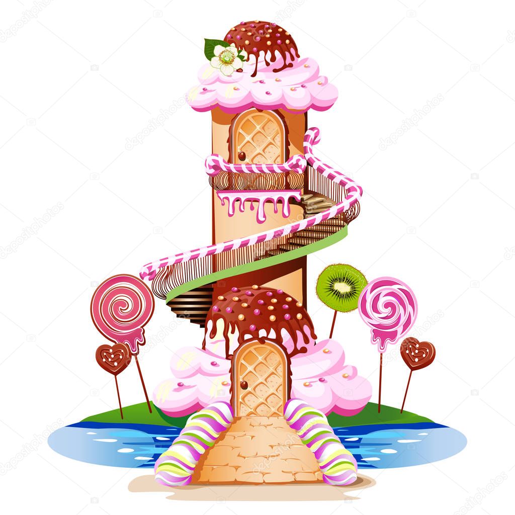 Sweet castle with a cream-colored roof and a piece of candy. Fairytale vector illustration.