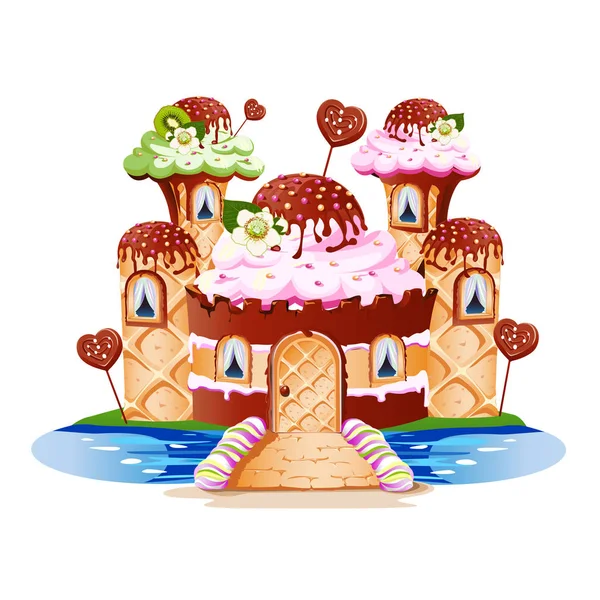 おとぎ話の城の塔とバルコニーはお菓子から成っています 陽気でおいしいベクトル図 — ストックベクタ