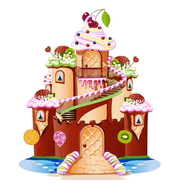 おとぎ話の城の塔とバルコニーはお菓子から成っています 陽気でおいしいベクトル図 — ストックベクタ