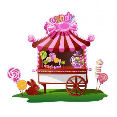 Candy shop ile neşeli bir dekor. Fairytale vektör çizim.