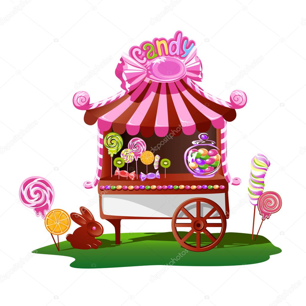 Candy shop with a cheerful decor. Fairytale vector illustration.