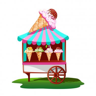 Lezzetli dekor dondurma arabası. Parlak, yaz afiş. Vektör çizim.