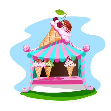 Dondurma durak lezzetli dekora sahip. Parlak, yaz afiş. Vektör çizim.