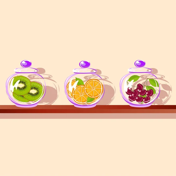 Frutas Frasco Vidrio Estante Kiwi Naranja Cereza Ilustración Vectorial — Vector de stock