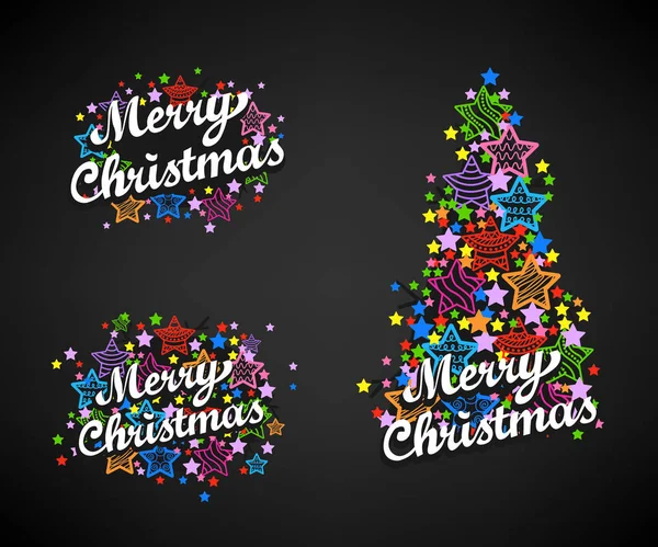 Merry Christmas Calligraphic Inscription Decoration Colorful Stars Set Vector Inscription — Stock Vector